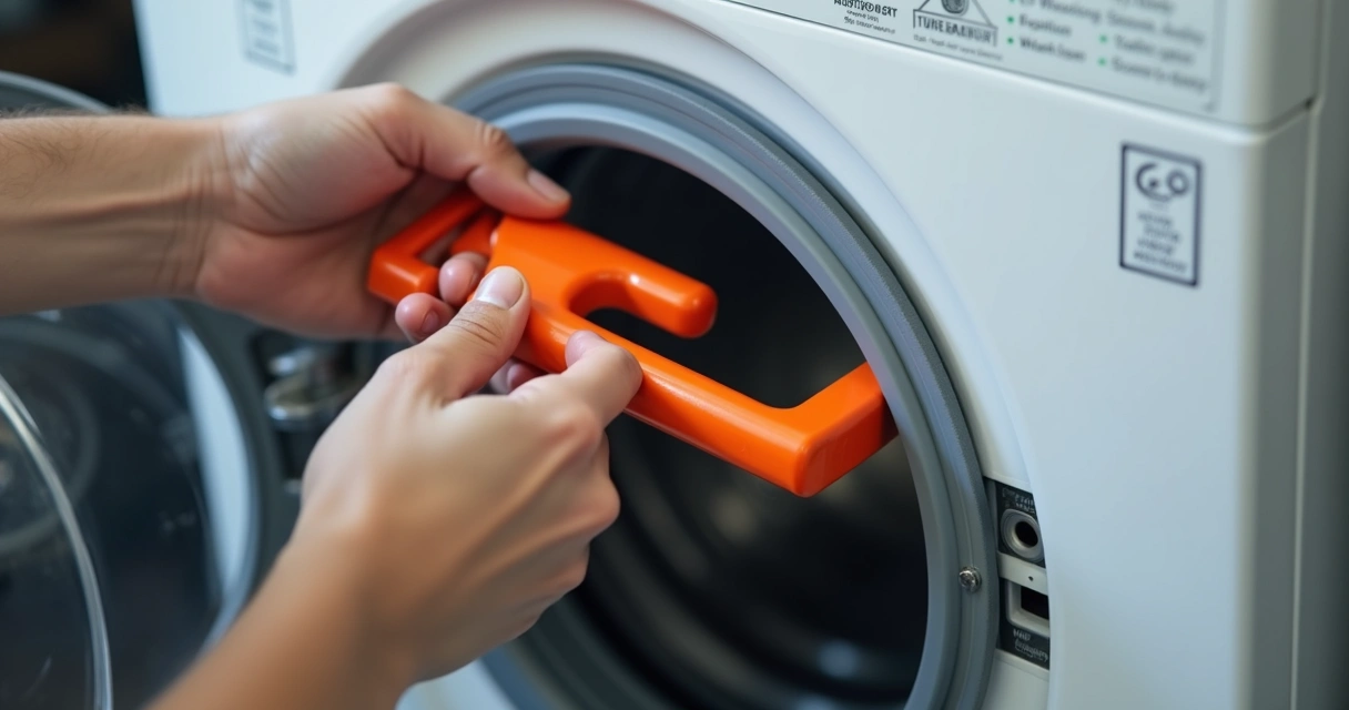 Pessoa removendo trava de transporte de uma máquina de lavar roupas 