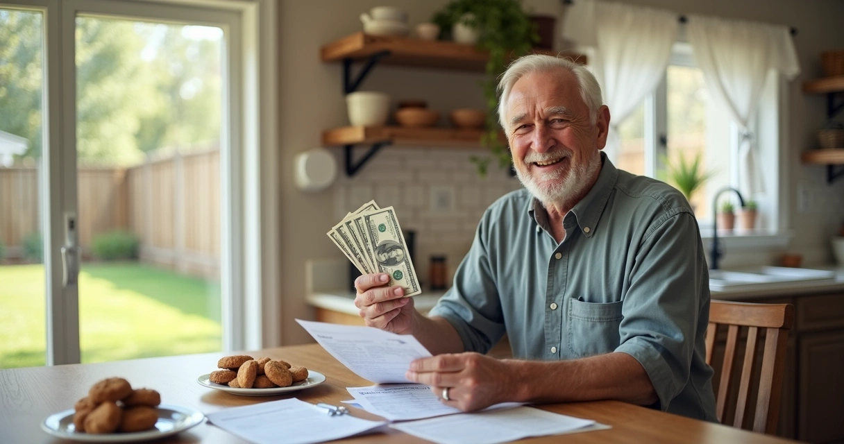 Retiree holding cash at kitchen table 