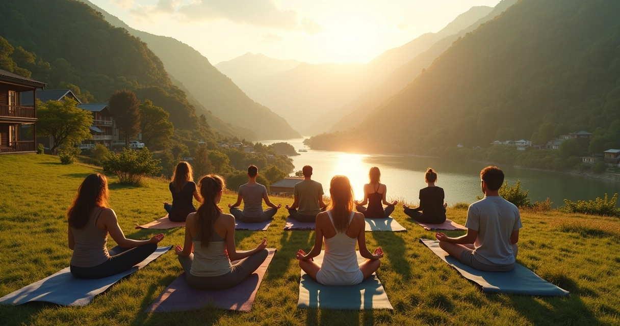 Retiro wellness em meio a montanhas com pessoas meditando ao ar livre 