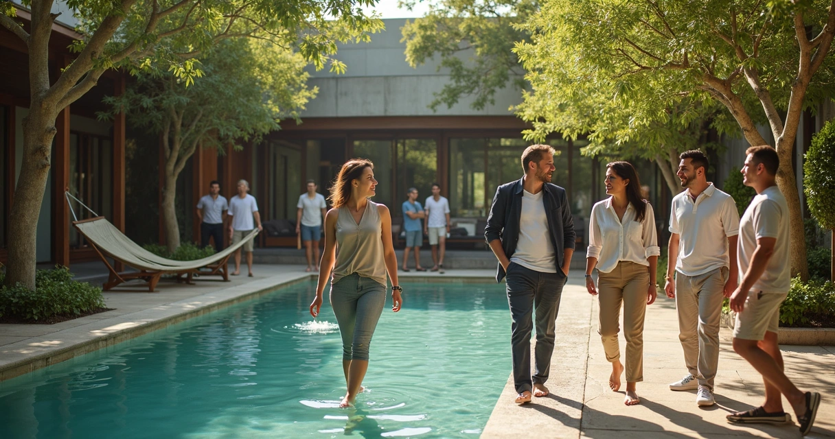 Equipe reunida em volta de piscina natural em spa ao ar livre 