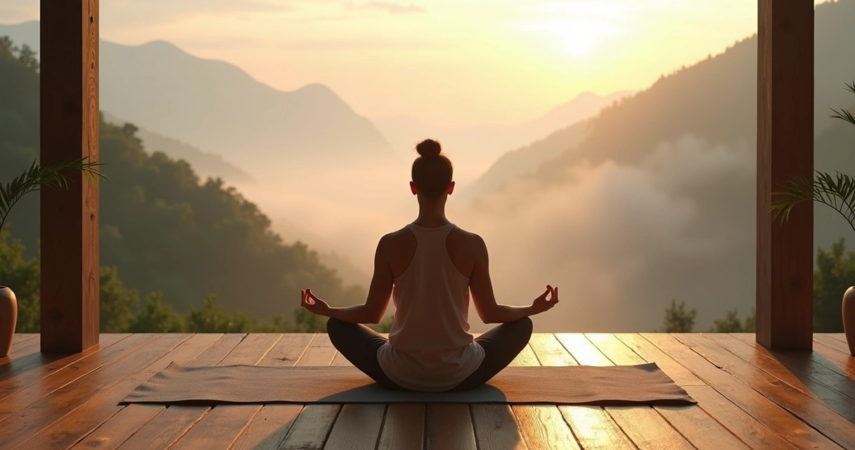 Pessoa relaxando em tapete de yoga em retiro de bem-estar nas montanhas 