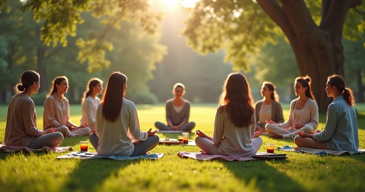 Grupo de mulheres reunidas em círculo em área natural ao ar livre, com luz suave do sol e elementos de natureza ao redor, em retiro espiritual feminino 