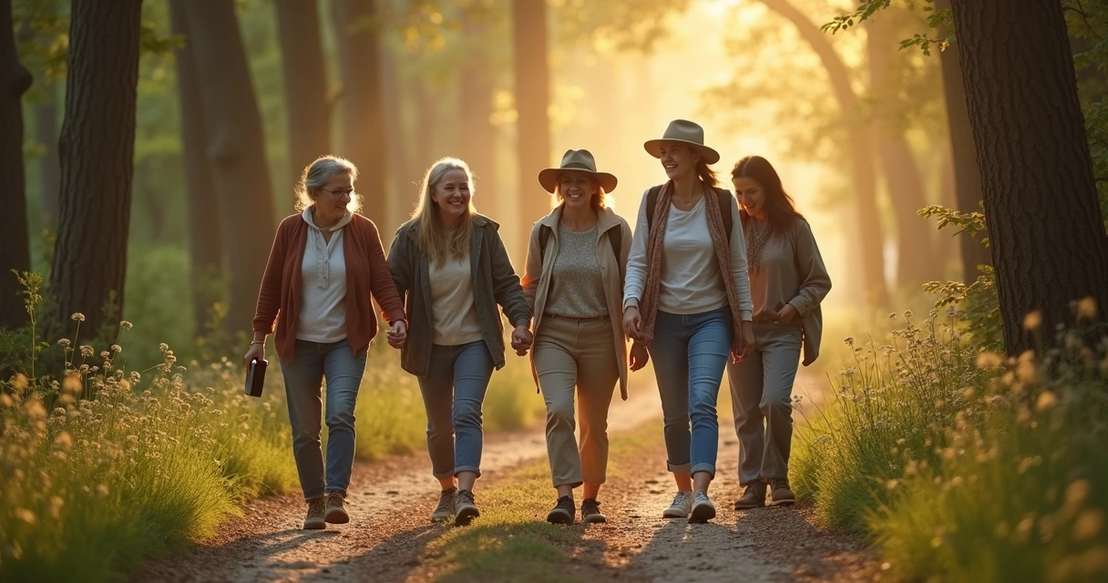 Grupo feminino caminhando por trilha em meio à floresta, clima acolhedor 