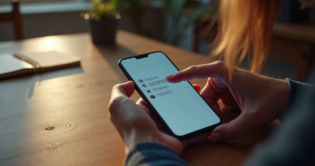 Pantalla de conversación y mano alejándose del teléfono sobre una mesa 