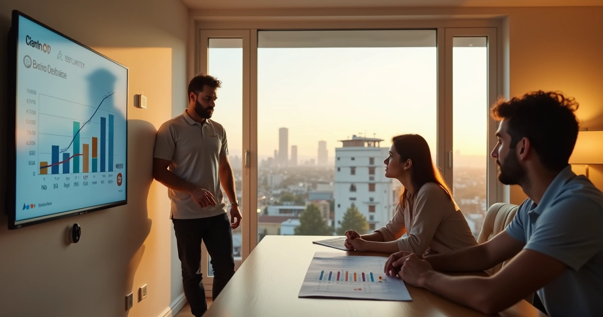 Instalador mostra gráfico de retorno de investimento em segurança para cliente em sala moderna 