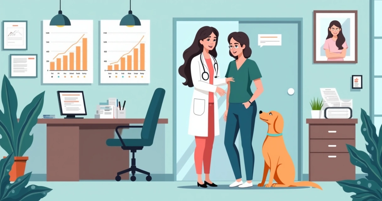 Veterinário atendendo retorno de paciente com dona de pet sorridente 