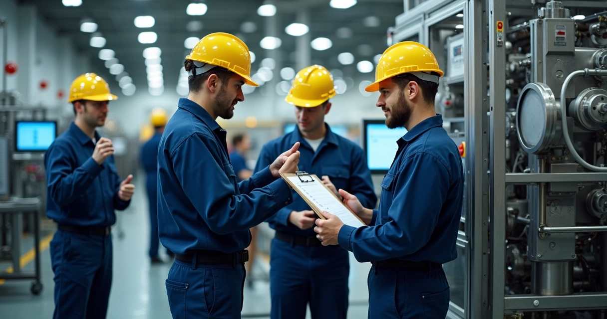 Equipe revisando procedimentos após parada industrial 