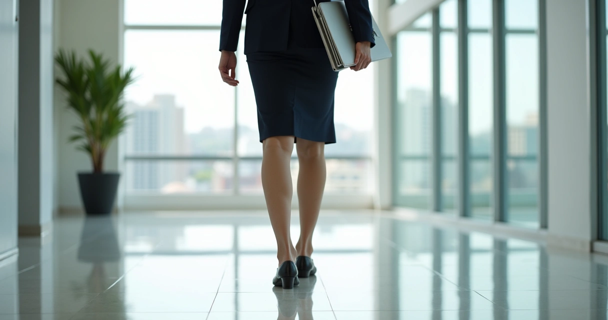 Profissional de escritório caminhando confiante após tratamento de varizes 