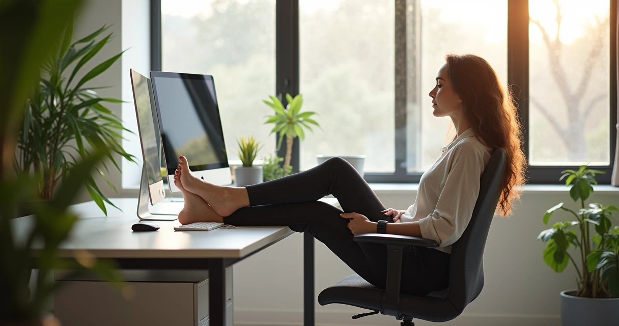 Mulher em ambiente de trabalho sentada confortavelmente com pernas elevadas 