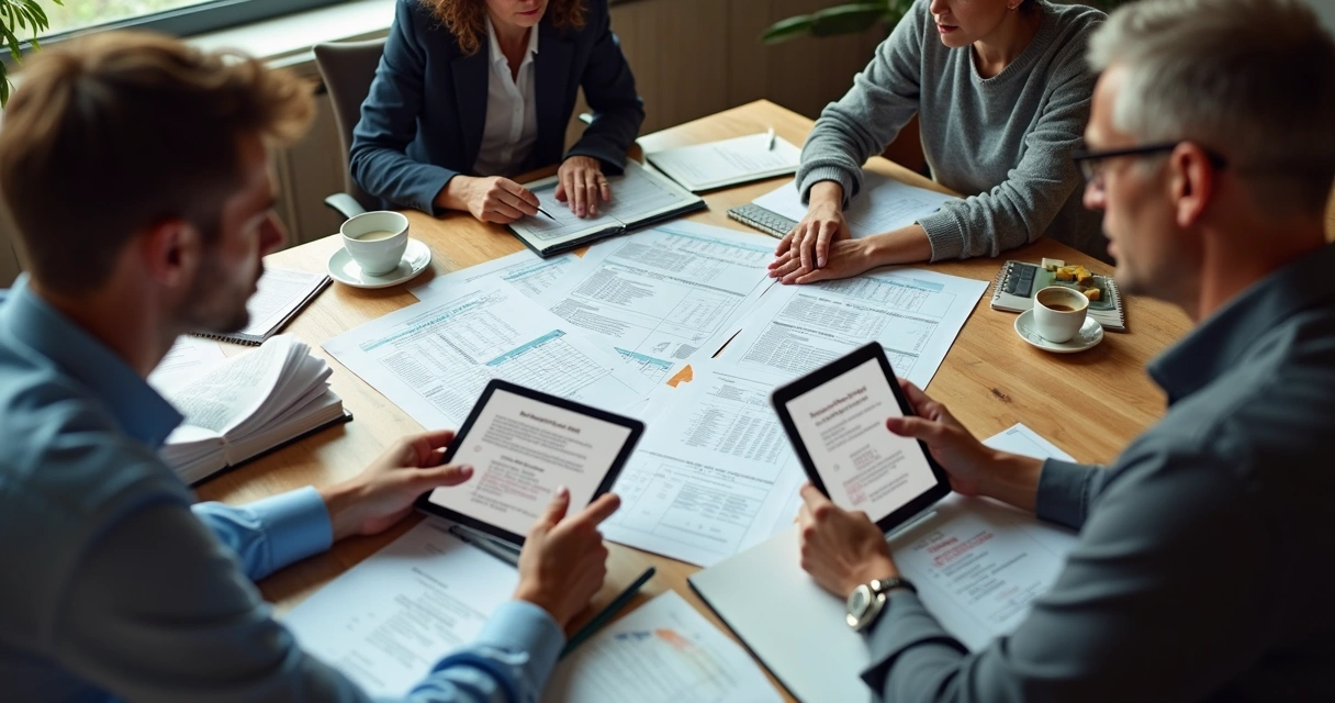 Equipe refazendo planilhas financeiras em escritório 