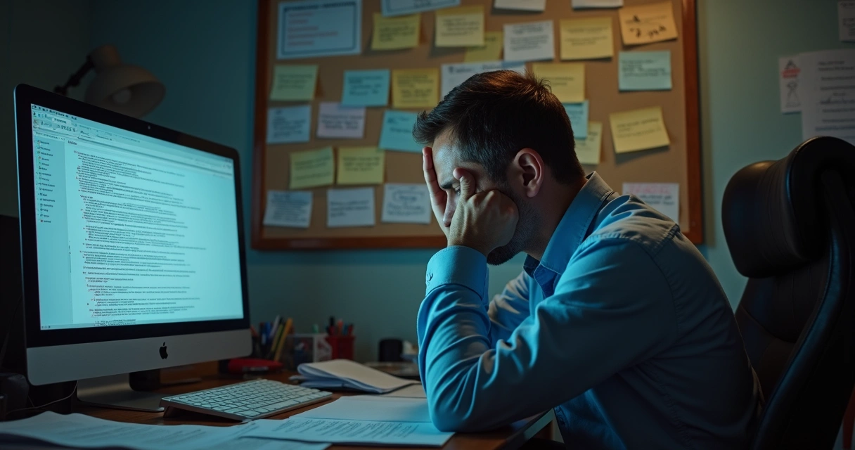 Funcionário frustrado refazendo tarefas em computador 