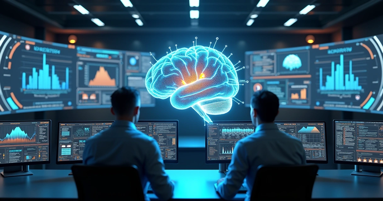 Painel 3D com modelo de IA sendo atualizado em ambiente corporativo moderno 