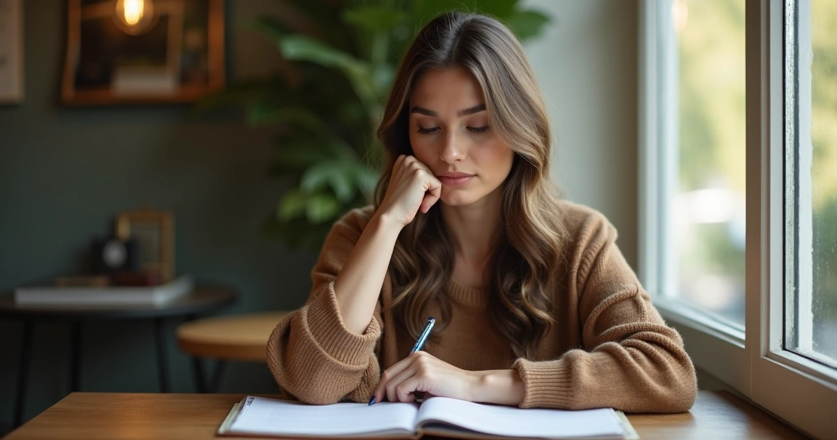 Mulher pensativa fazendo anotações em um caderno. 