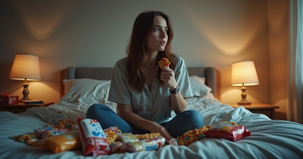 mujer con ansiedad frente a comida, trastorno por atracones