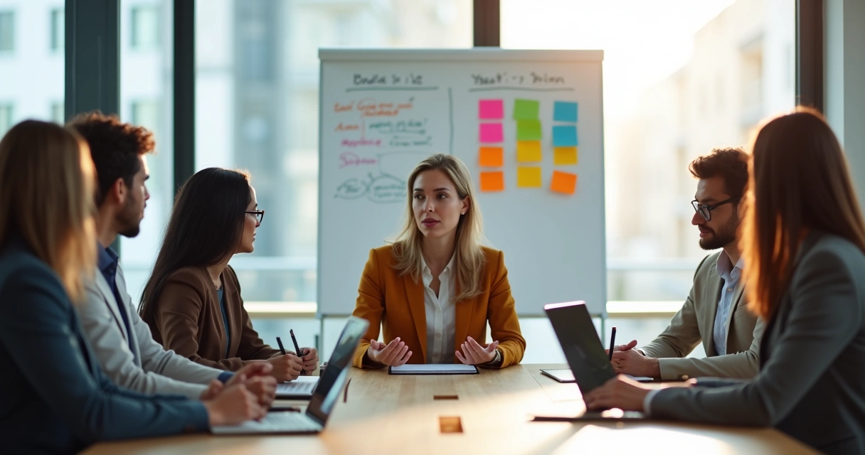 Líder y equipo en reunión dando retroalimentación consciente con notas en pizarra 