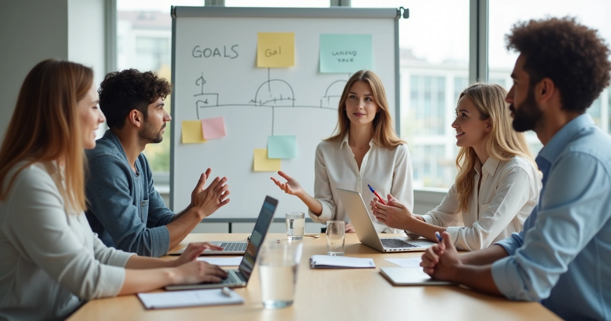 Equipo diverso en reunión dando retroalimentación consciente de forma serena 