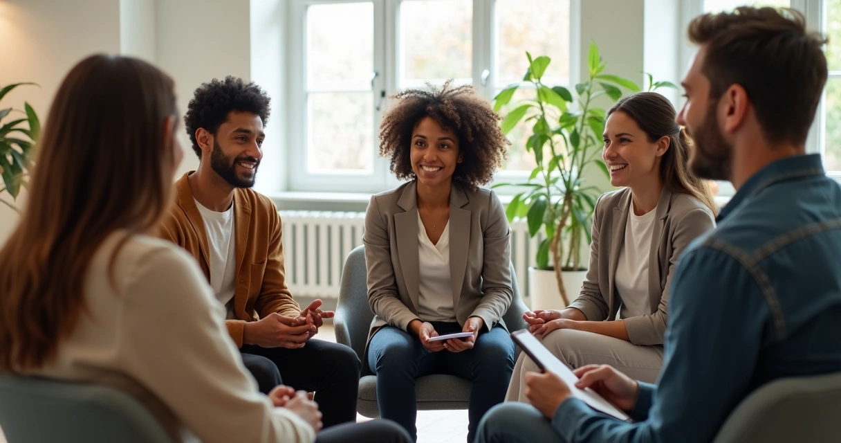 Personas sentadas en círculo en una oficina, compartiendo experiencias durante una reunión grupal