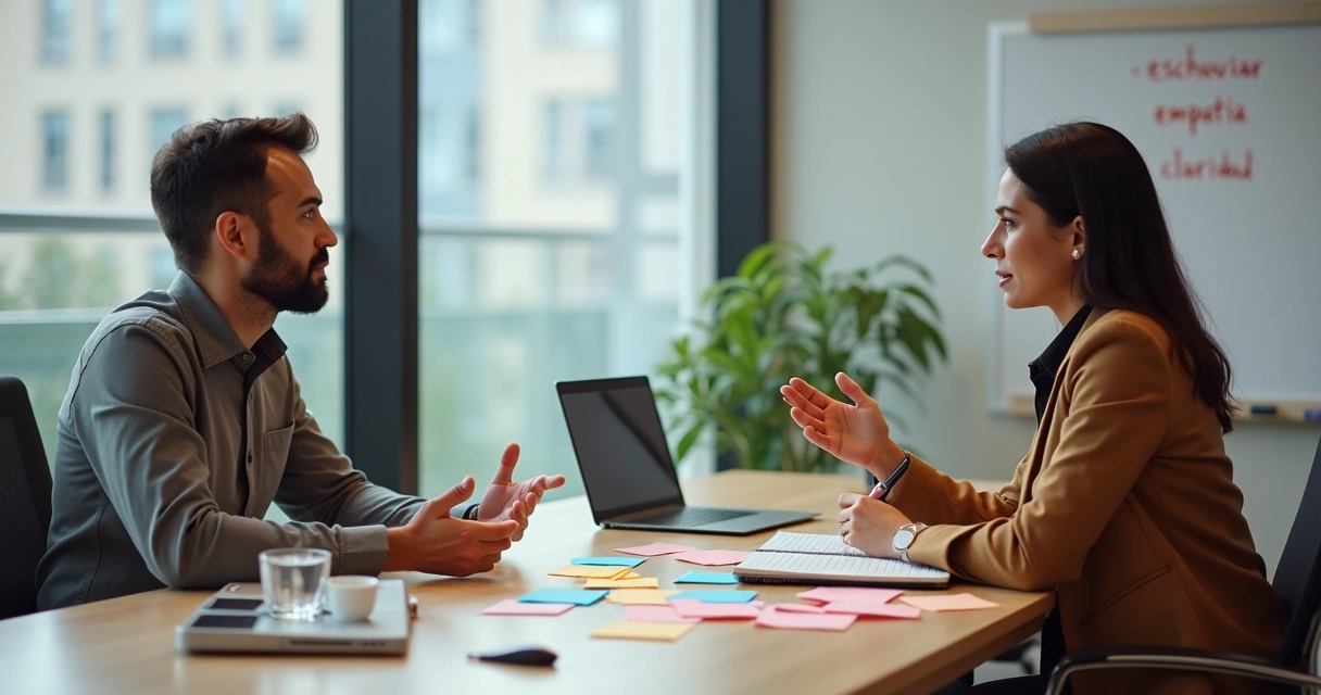 Dos profesionales dialogando con notas de colores sobre la mesa en una reunión empática 