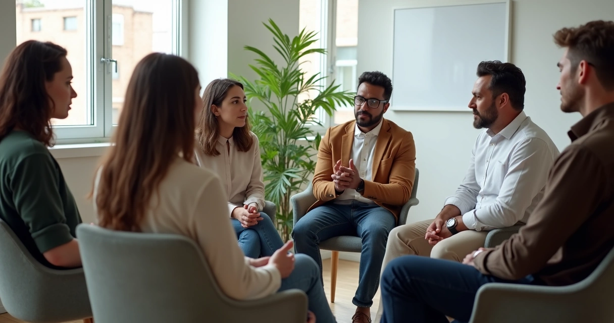 Grupo de personas sentadas en círculo compartiendo ideas en un ambiente de oficina 