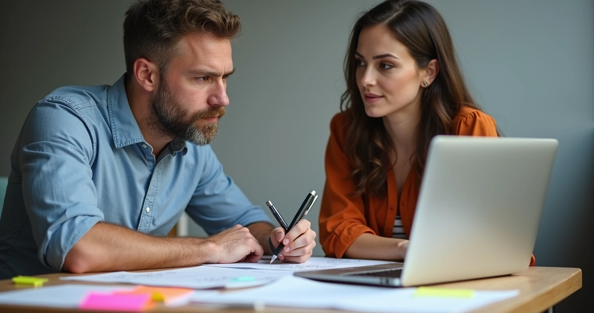 Dos colegas sentados con notas y lapiceros discutiendo retroalimentación 