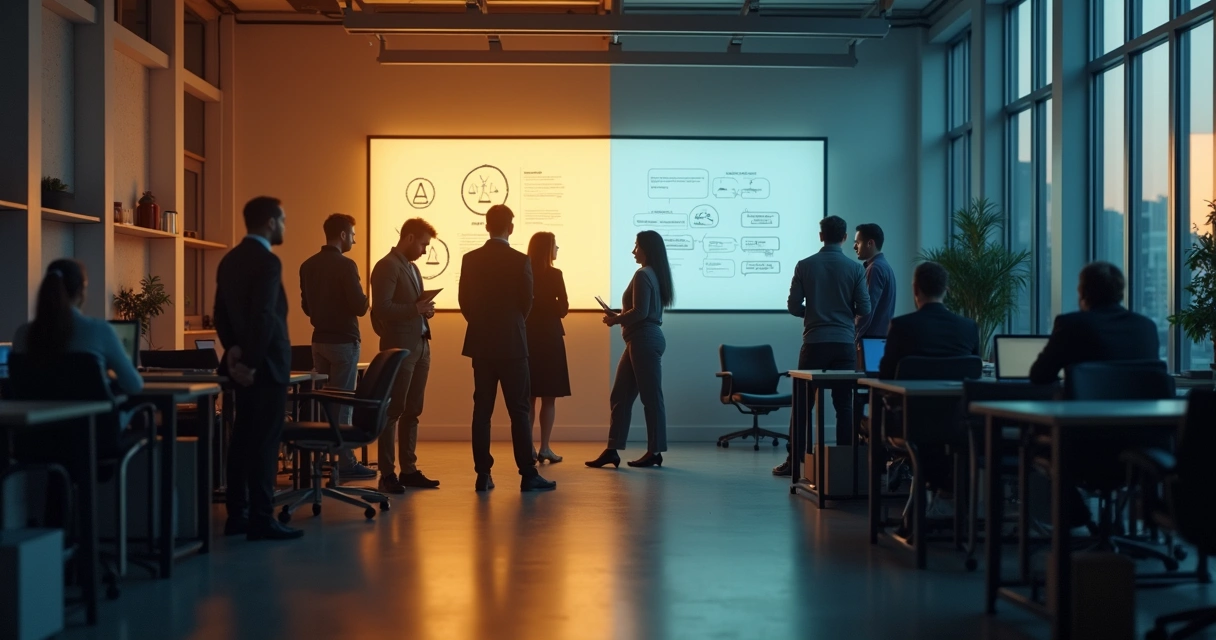 Equipe em escritório dividido entre área iluminada e sombra representando dilema ético 