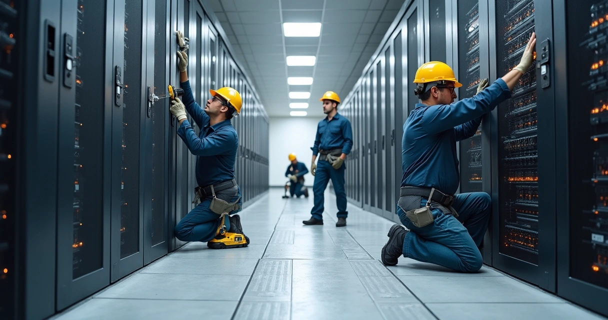 Equipe técnica realizando retrofit a quente em data center 