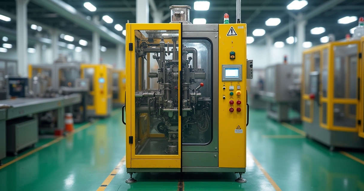Metade de máquina industrial antiga sem proteção e metade modernizada com dispositivos de segurança 