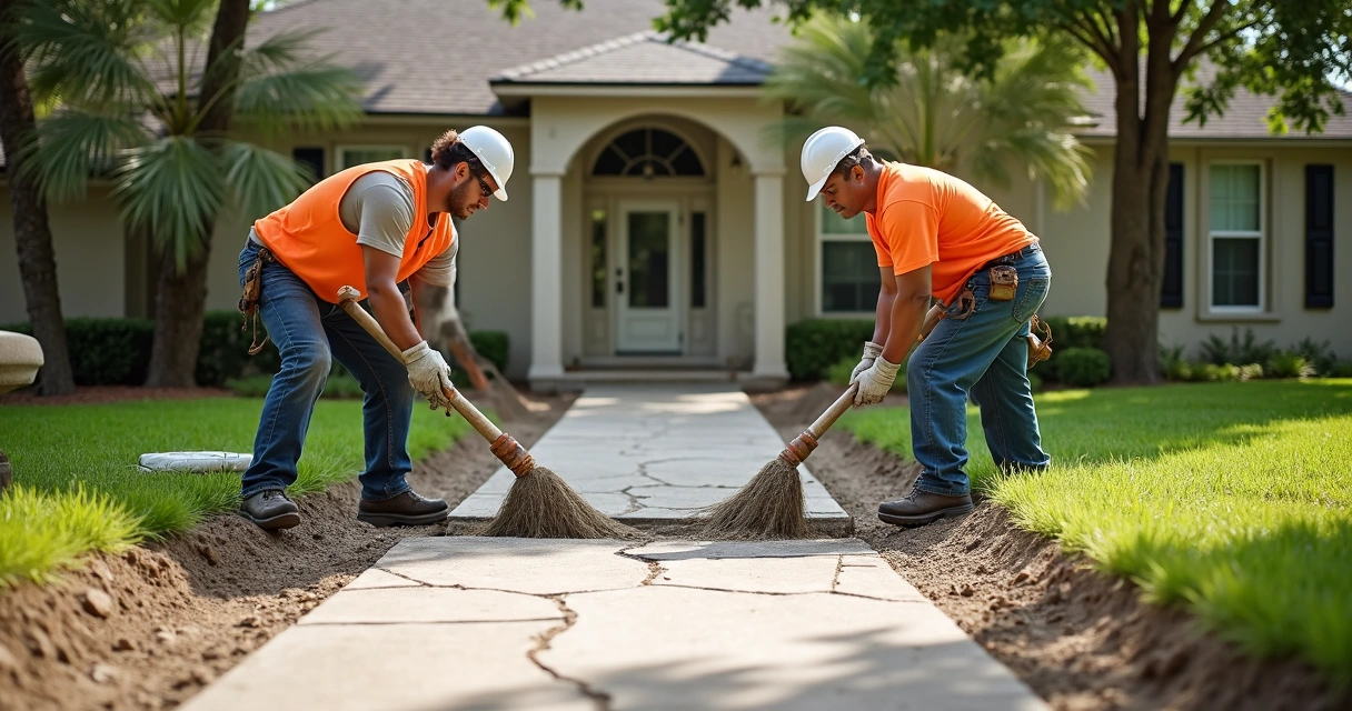 Workers retrofitting an old walkway for wheelchair access in Orlando