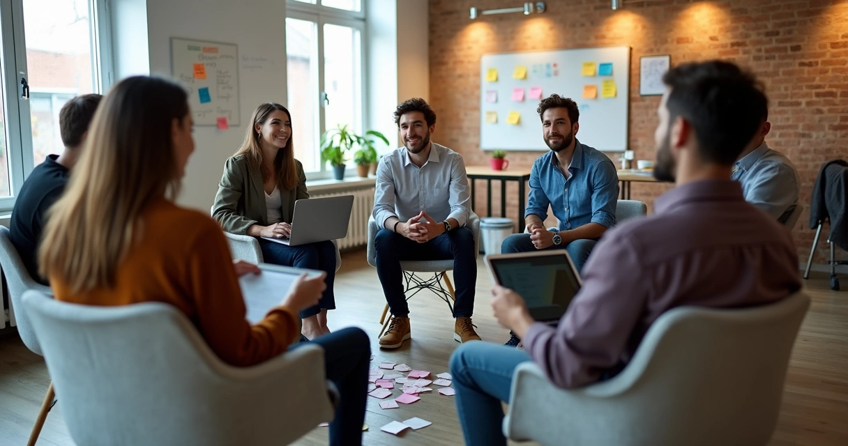 Time de tecnologia sentado em círculo durante retrospectiva 