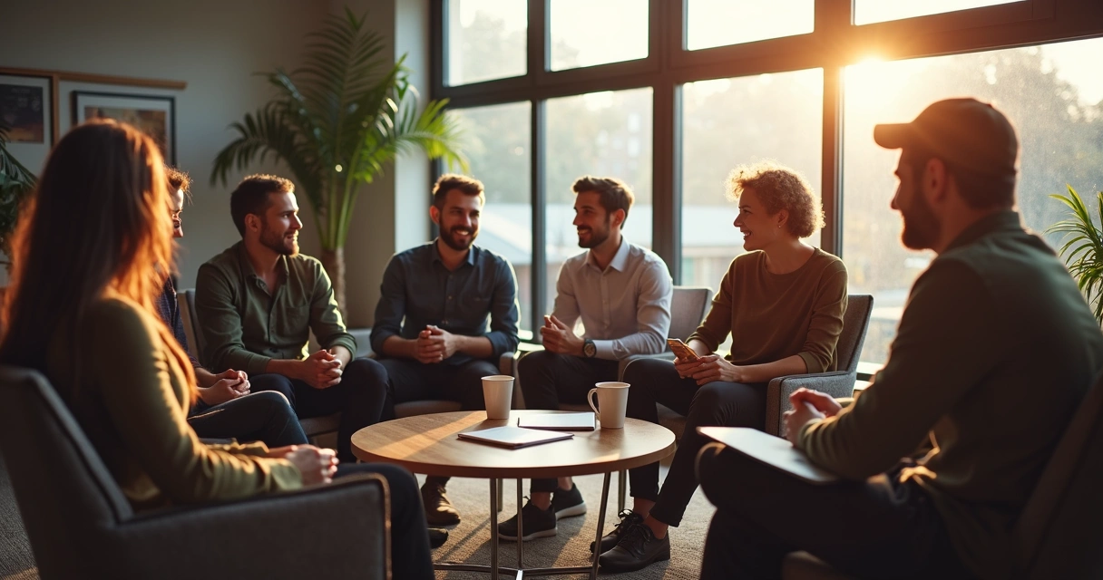 Equipe SCRUM reunida, retrospectiva, ambiente relaxado agência de viagens 