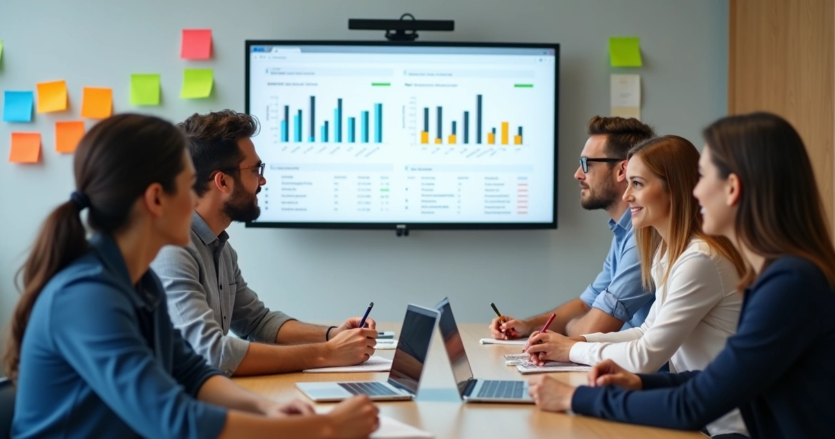 Equipe de vendas reunida analisando resultados de vendas em uma tela de CRM simples