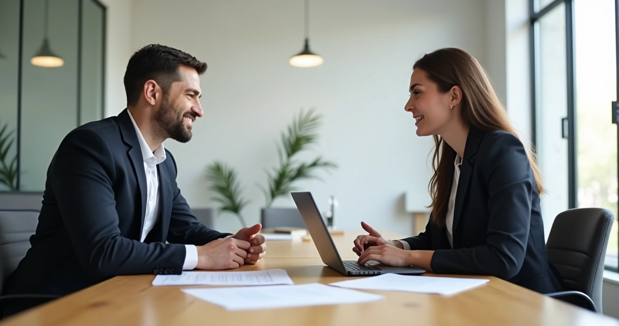 Duas pessoas conversando em uma mesa de escritório, com papéis e laptops à frente. 