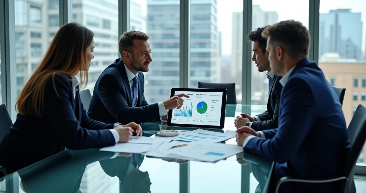Executivos em reunião analisando dados personalizados sobre empresas 