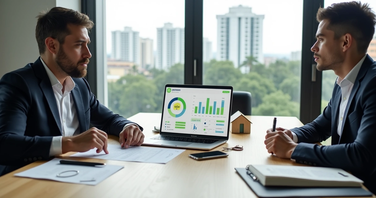 Proprietário e inquilino em reunião com advogado analisando contrato de aluguel 