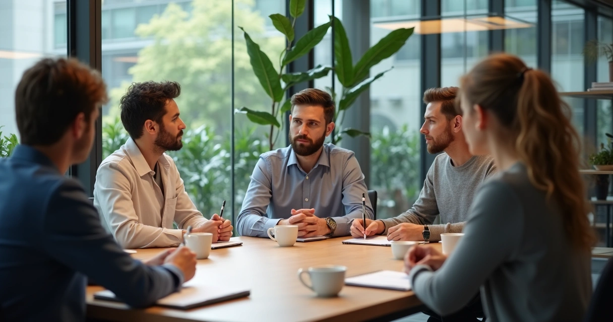 Equipe em reunião com escuta acolhedora 