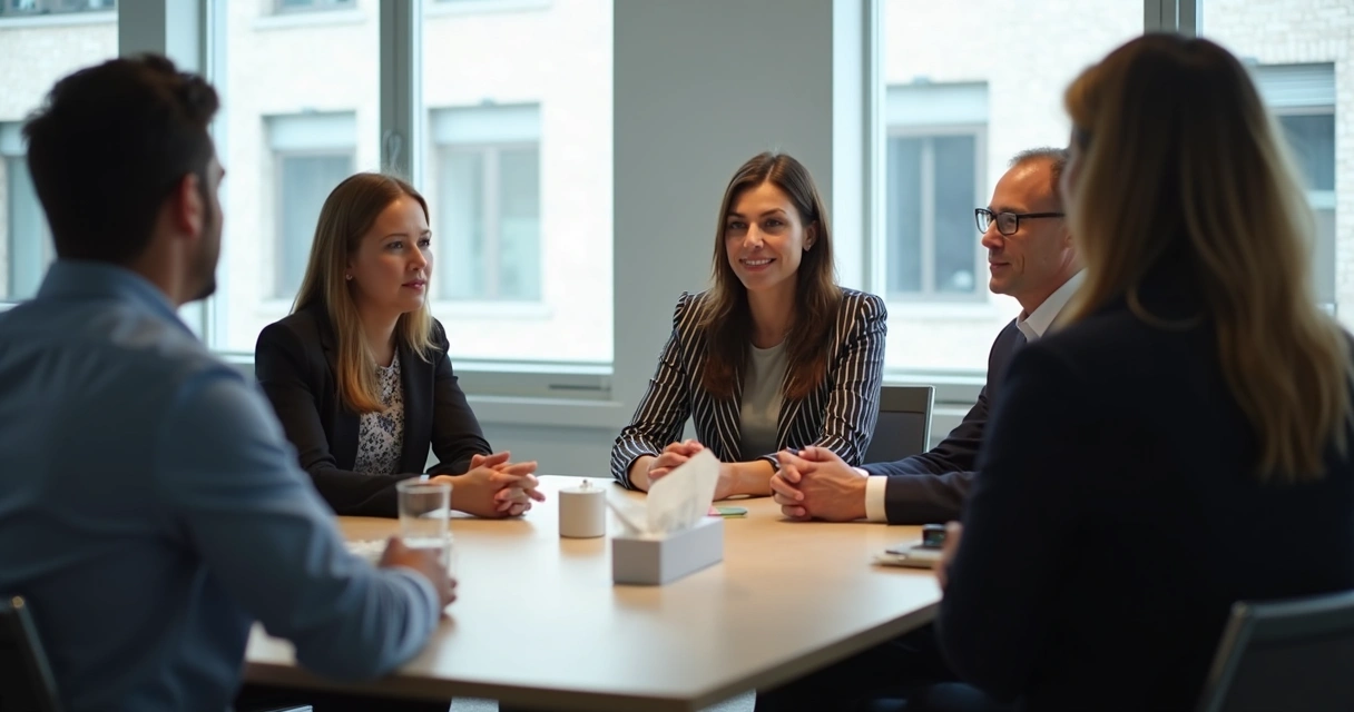 Equipe em reunião de acolhimento em sala de trabalho