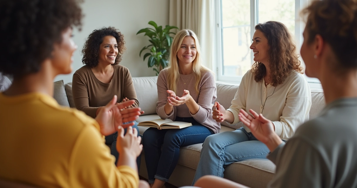 Pessoas participando de grupo de apoio para vitiligo, sentadas em círculo, conversando 