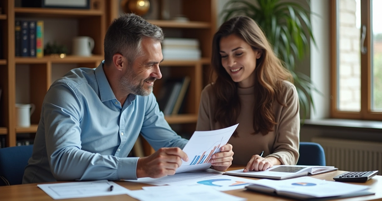 Sócio revisando documentos financeiros com consultor empresarial 