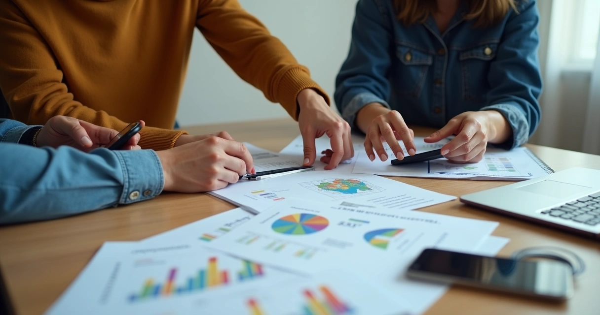 Reunião de acompanhamento de marketing com gráficos e relatórios em mãos 