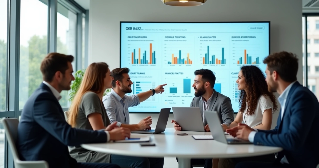 Reunião de equipe discutindo progresso de metas em uma mesa redonda