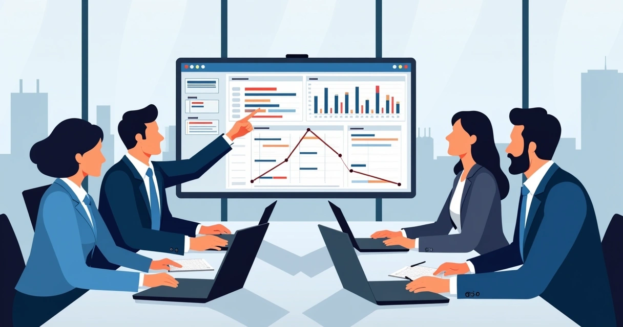 Equipe reunida ao redor de uma mesa analisando gráficos de projeto em uma tela 
