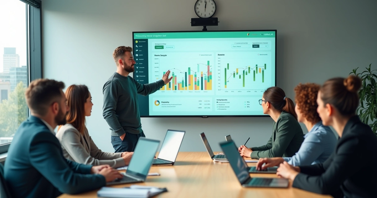 Gestor mostrando painel de métricas em reunião de acompanhamento de resultados com equipe 