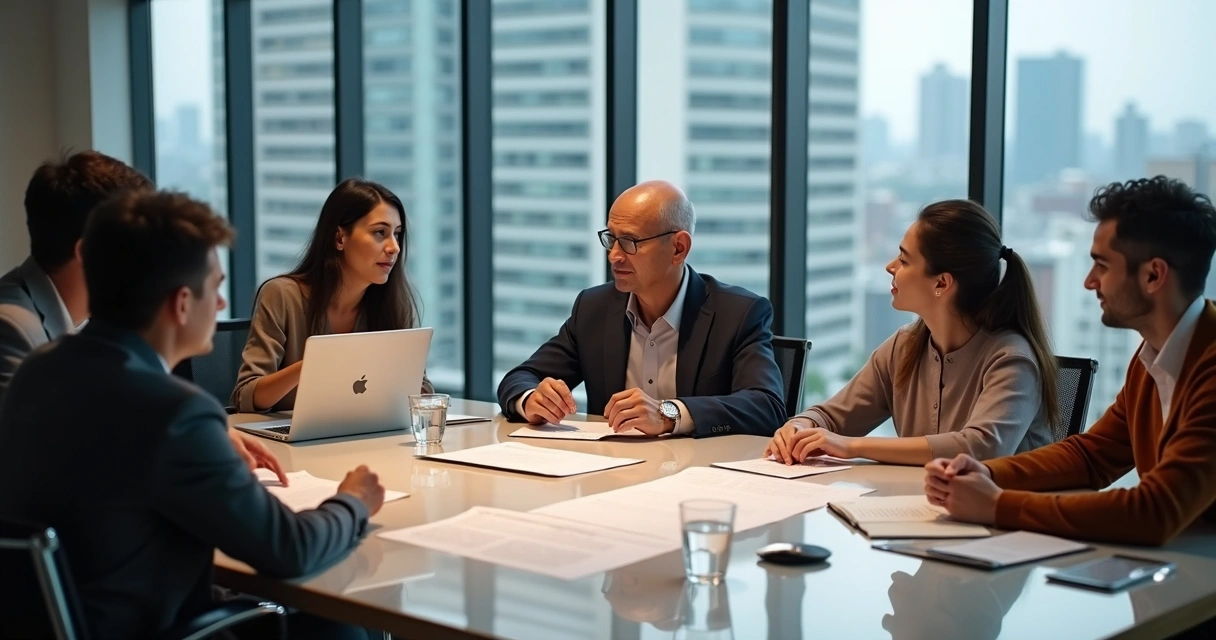 Família empresária reunida em sala, discutindo acordo de sócios da holding.