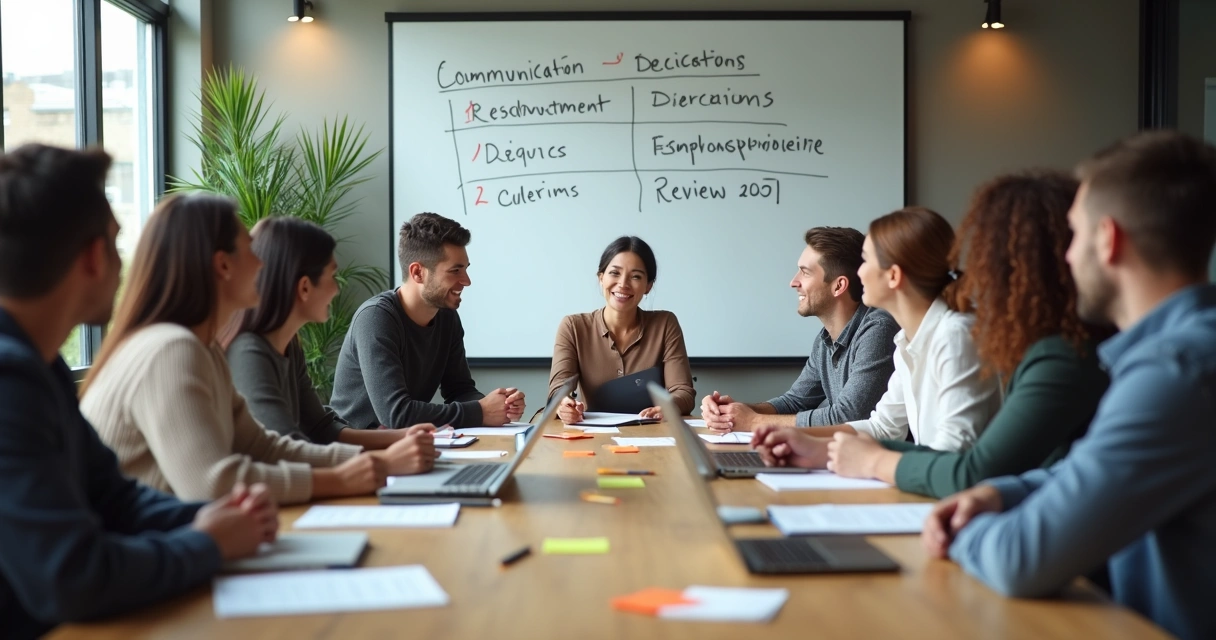 Equipe reunida definindo acordos em quadro branco