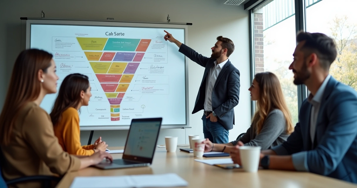 Corretor e equipe analisando funil de vendas em reunião com painéis na parede