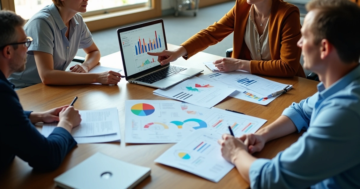 Reunião de administradores de condomínio analisando planilhas e gráficos financeiros 