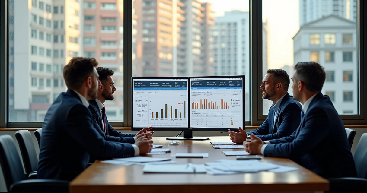 Pessoas em reunião analisando relatórios em telas de computador 