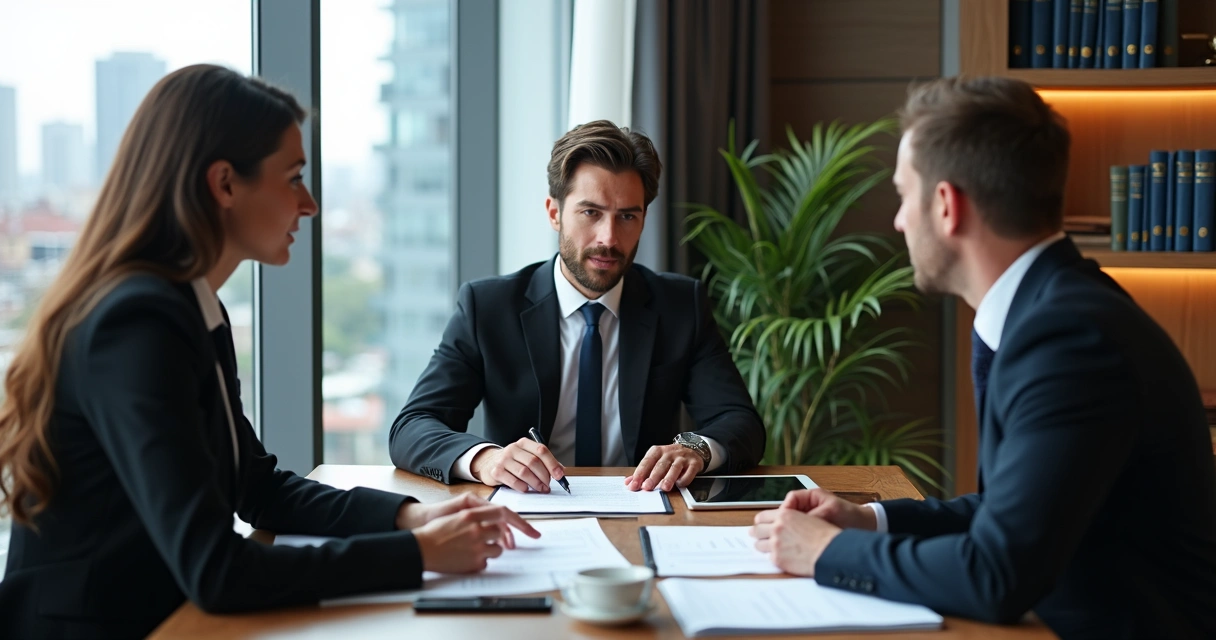 Reunião de advogado com clientes empresariais analisando contrato 