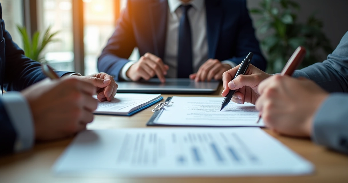 Advogados e empreendedores analisando contratos imobiliários em reunião com documentos e laptop 