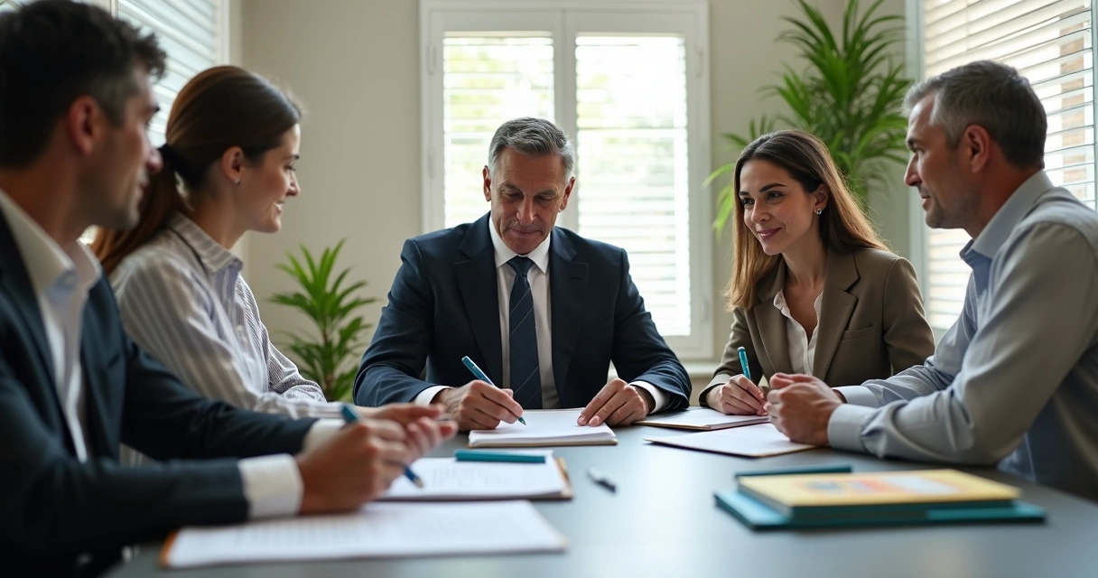 Advogado reunido com família analisando contratos de holding 